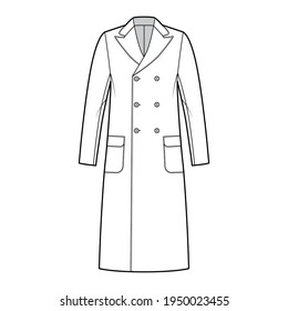 Polo coat technical fashion illustration with double breasted, midi length, round peak collar, flap patch pockets. Flat camel hair jacket template front, white color. Women, men, unisex top CAD mockup