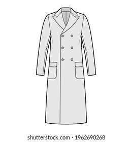 Polo coat technical fashion illustration with double breasted, midi length, round peak collar, flap patch pockets. Flat camel hair jacket template front, grey color style. Women, men, top CAD mockup