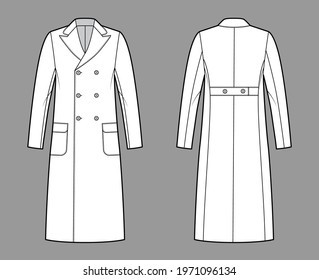 Polo coat technical fashion illustration with double breasted, midi length, round peak collar, flap patch pockets. Flat camel hair jacket template front, back, white color style. Women men, CAD mockup