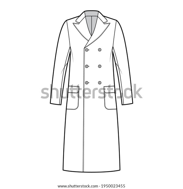 Polo coat technical fashion illustration with\
double breasted, midi length, round peak collar, flap patch\
pockets. Flat camel hair jacket template front, white color. Women,\
men, unisex top CAD\
mockup