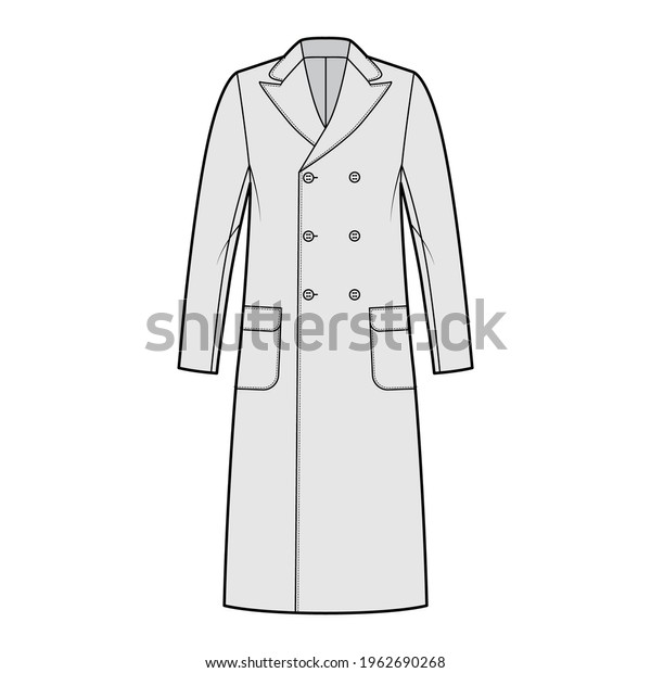 Polo coat technical fashion illustration with\
double breasted, midi length, round peak collar, flap patch\
pockets. Flat camel hair jacket template front, grey color style.\
Women, men, top CAD\
mockup