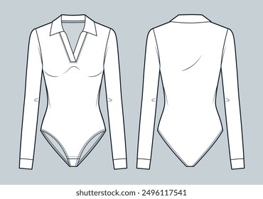 Polo Collar Bodysuit technical fashion illustration. V Neck Bodysuit fashion flat technical drawing template, cuff long sleeve, slim fit, front and back view, white, women, men, unisex Top CAD mockup.