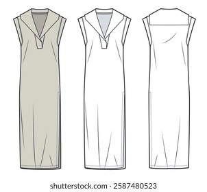 Polo Collar Dress Technical Fashion Illustration. Jersey Midi Dress fashion flat technical drawing template, v neck, side slit, relaxed fit, front and back view, white, beige, women CAD mockup.