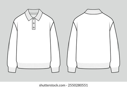 Polo collar knit jumper. Oversized unisex casual clothing. Vector technical sketch. Mockup template.