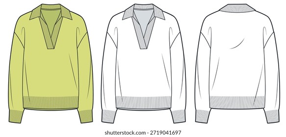 Polo Collar Suéter de punto Ilustración de moda técnica. Plantilla de dibujo técnico plano de moda de suéter, manga larga, cuello en v, vista frontal y posterior, blanco, amarillo, mujeres, hombres, maqueta CAD unisex.