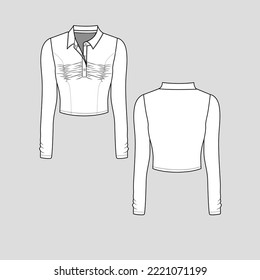 Collar polo Cuello recorte superior panel del botón camiseta de la parte delantera de la recolección rugido detalle de la manga larga blusa ropa de moda sketch plano diseño de dibujo técnico vector