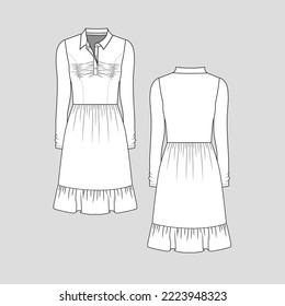 Polo collar Neck Dress  button panel front shirred ruched gathering detail waist gathering ruffles hem dresses long sleeve Fashion flat sketch drawing template vector