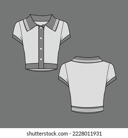 Polo Collar Neck Ribbed Crop top full button panel Short Sleeve Collar and hem tipping rib cropped varsity fashion flat sketch technical drawing template design vector