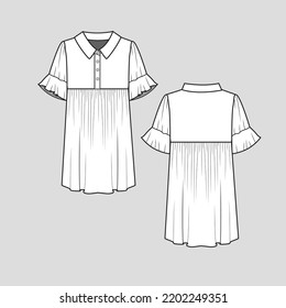 Polo Collar Neck Ruffle Sleeve T Shirt Top Button Panel Blouse Drawing Design Fashion Template Flat Sketch