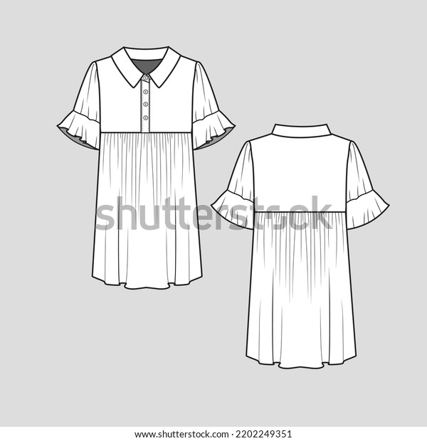 Polo Collar Neck\
ruffle sleeve t shirt top button panel blouse drawing design\
Fashion template flat\
sketch