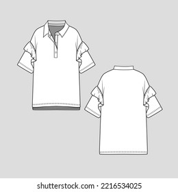 Polo Collar Neck ruffles t shirt top button panel drop shoulder Sleeve high low hem Fashion flat sketch technical drawing  template design