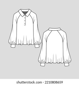 Polo Collar ruffles T-shirt Top button panel Raglan long balloon Sleeve with cuffs Ruffles hem cad flat sketch drawing template