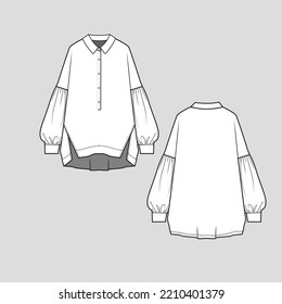 Polo Collar Shirt Dress Lantern Sleeve with cuffs High low dip hem Fashion flat sketch drawing template
