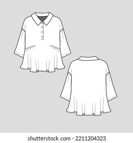 Polo Collar Shirt Ruffles hem top drop shoulder long sleeve cad flat sketch drawing template