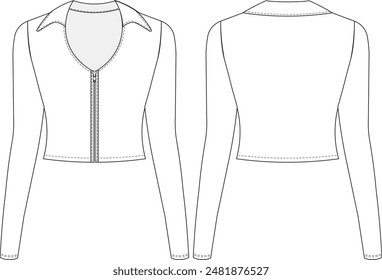 Plantilla polo cuello con cremallera de manga larga cortado blusa suéter cardigan dibujo técnico dibujo plano sketch cad maqueta de moda mujer diseño estilo modelo