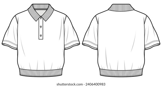 Polo Collared Oversized Rib Waist Sweater T-Shirt  Front and Back View. Fashion Flat Sketch Vector Illustration, CAD, Technical Drawing, Flat Drawing,