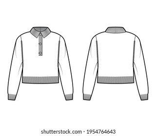 Polo cropped Sweater technical fashion illustration with rib henley neck, classic collar, long sleeves, relax fit, waist length. Flat garment apparel front, back, white color style. Women, CAD mockup