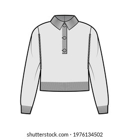 Polo cropped Sweater technical fashion illustration with rib henley neck, classic collar, long sleeves, relax fit, waist length. Flat garment apparel front, grey color style. Women, men CAD mockup