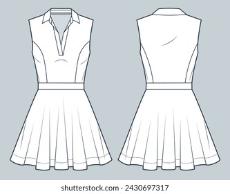 Polo Dress technical fashion illustration. Flare Dress fashion flat technical drawing template, sleeveless, v neck, mini length, front and back view, white, women Jersey Dress CAD mockup.