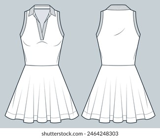 Polo Dress technical fashion illustration. Flare mini Dress fashion flat technical drawing template, sleeveless, v neck, front and back view, white, women Jersey Dress CAD mockup.