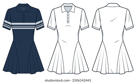 Polo Dress technical fashion illustration, striped design. Jersey mini Dress fashion flat technical drawing template, flare, slim fit, front and back view, white, deep blue, women Dress CAD mockup set