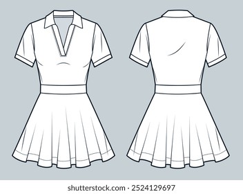 Polo Dress technical fashion illustration. Jersey mini Dress fashion flat technical drawing template, flared, v neck, slim fit, front and back view, white, women CAD mockup.