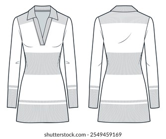 Polo Dress technical fashion illustration. Jersey mini Dress fashion flat technical drawing template, ribbed, v neck, long sleeve, slim fit, front and back view, white, women CAD mockup.