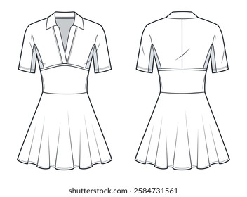 Polo Dress Technical Fasion Illustration. Jersey mini Dress fashion flat technical drawing template, flared, v neck, short sleeves, slim fit, front and back view, white, women CAD mockup.