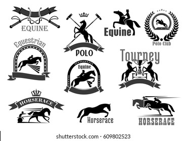 Polo or equine sport club vector badges. Horse races or equestrian jump show and racing contest symbols set. Icons of bat and whip, rider winner or horserace victory cup award and crown laurel wreath.