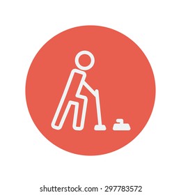 Polo game with mallet thin line icon for web and mobile minimalistic flat design. Vector white icon inside the red circle.