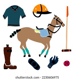 Polo Horse Back Riding Equipment Set (boots, gloves, mallet, helmet, ball, t-shirt, horse, knee pads). Play polo hand drawn vector set.
