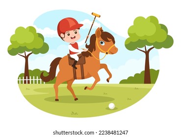 Polo Horse Sports with Kids Player Riding Horse and Holding Stick use Equipment Set in Flat Cartoon Poster Hand Drawn Template Illustration