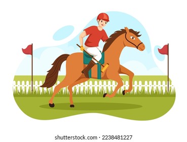 Polo Deportes de Caballo con Jugador Montando Caballo y Soporte de Palo Uso de Equipo Set en Cartel Plano Plano Dibujo de Plantilla Ilustración