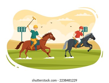 Polo Horse Sports with Player Riding Horse and Holding Stick use Equipment Set in Flat Cartoon Poster Hand Drawn Template Illustration