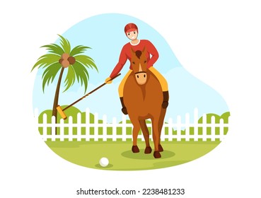 Polo Horse Sports with Player Riding Horse and Holding Stick use Equipment Set in Flat Cartoon Poster Hand Drawn Template Illustration