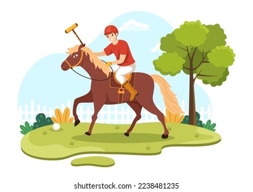 Polo Horse Sports with Player Riding Horse and Holding Stick use Equipment Set in Flat Cartoon Poster Hand Drawn Template Illustration