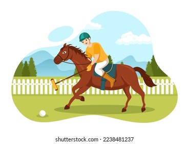 Polo Horse Sports with Player Riding Horse and Holding Stick use Equipment Set in Flat Cartoon Poster Hand Drawn Template Illustration