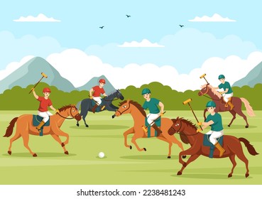 Polo Horse Sports with Player Riding Horse and Holding Stick use Equipment Set in Flat Cartoon Poster Hand Drawn Template Illustration