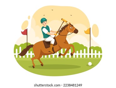 Polo Horse Sports with Player Riding Horse and Holding Stick use Equipment Set in Flat Cartoon Poster Hand Drawn Template Illustration