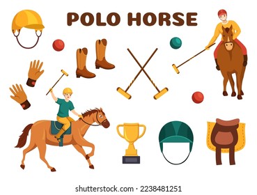 Polo Deportes de Caballo con Jugador Montando Caballo y Soporte de Palo Uso de Equipo Set en Cartel Plano Plano Dibujo de Plantilla Ilustración