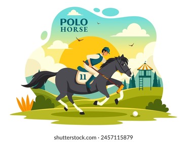 Ilustración vectorial deportiva de caballo de polo con el jugador que monta el caballo y el palo que sostiene el equipo del uso fijado a la competencia en el fondo plano de la historieta