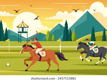 Ilustración vectorial deportiva de caballo de polo con el jugador que monta el caballo y el palo que sostiene el equipo del uso fijado a la competencia en el fondo plano de la historieta