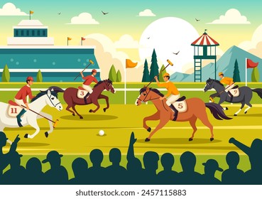 Ilustración vectorial deportiva de caballo de polo con el jugador que monta el caballo y el palo que sostiene el equipo del uso fijado a la competencia en el fondo plano de la historieta