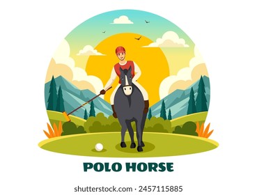 Ilustración vectorial deportiva de caballo de polo con el jugador que monta el caballo y el palo que sostiene el equipo del uso fijado a la competencia en el fondo plano de la historieta