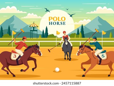 Ilustración vectorial deportiva de caballo de polo con el jugador que monta el caballo y el palo que sostiene el equipo del uso fijado a la competencia en el fondo plano de la historieta