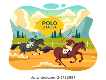 Polo Pferdesport-Vektorillustration mit Spieler Reitpferd und Haltestift verwenden Ausrüstung Zum Wettbewerb im flachen Cartoon-Hintergrund