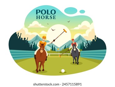 Ilustración vectorial deportiva de caballo de polo con el jugador que monta el caballo y el palo que sostiene el equipo del uso fijado a la competencia en el fondo plano de la historieta