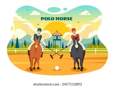 Ilustración vectorial deportiva de caballo de polo con el jugador que monta el caballo y el palo que sostiene el equipo del uso fijado a la competencia en el fondo plano de la historieta