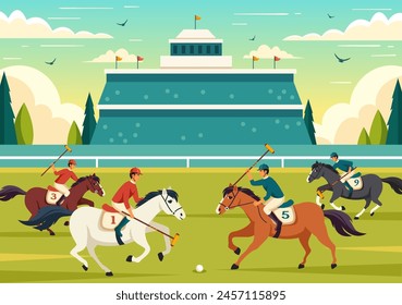 Ilustración vectorial deportiva de caballo de polo con el jugador que monta el caballo y el palo que sostiene el equipo del uso fijado a la competencia en el fondo plano de la historieta