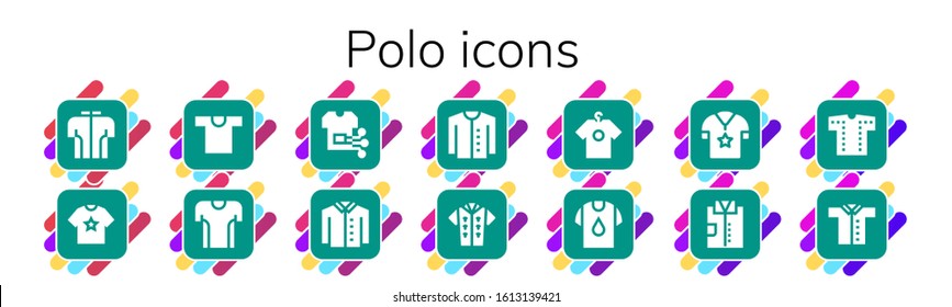 polo icon set. 14 filled polo icons. Included Tshirt, Shirt, Cardigan icons